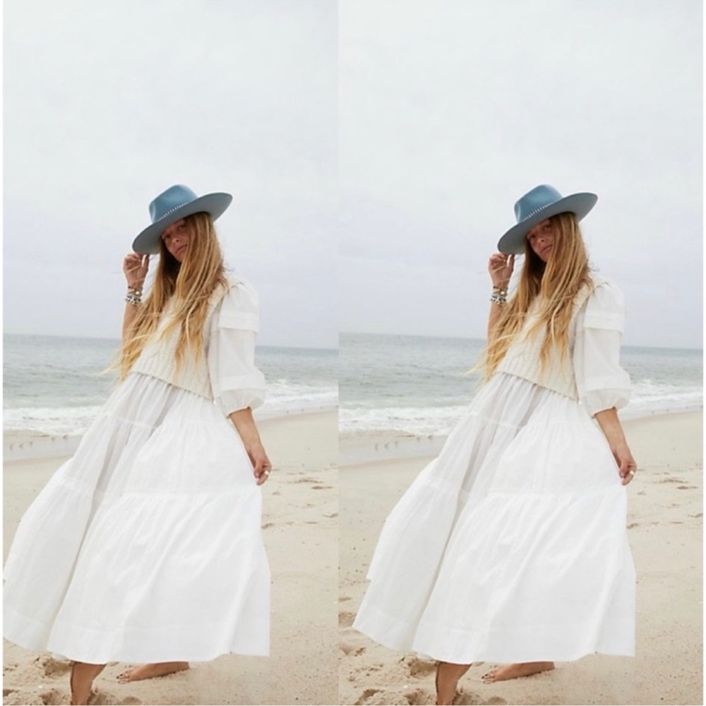 Free People Warm Hearts Maxi Dress White Tiered with Puff Sleeves